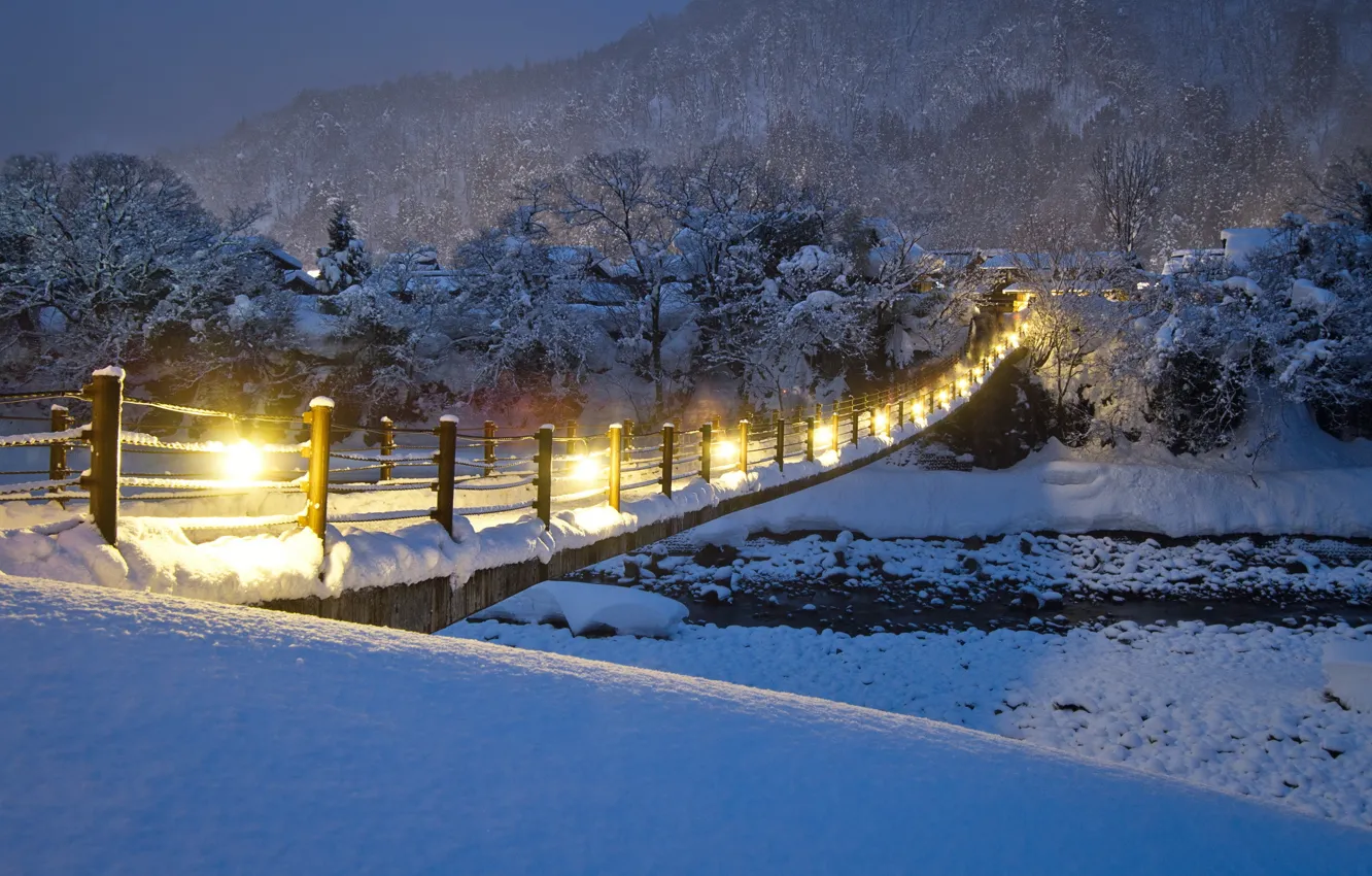 Photo wallpaper winter, night, bridge, river