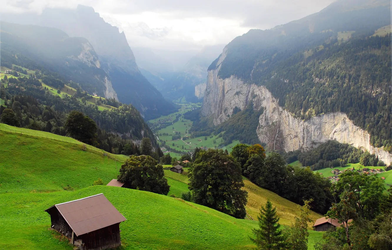 Photo wallpaper trees, mountains, rocks, Switzerland, valley, slope, village, panorama