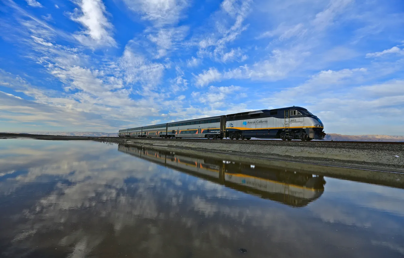 Photo wallpaper the sky, water, reflection, train, CA, USA, Drawbridge
