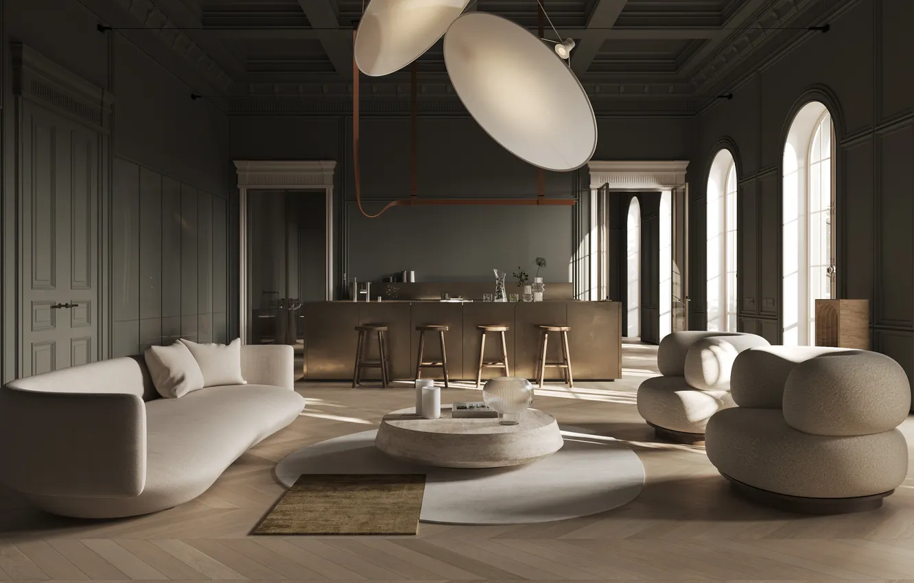 Photo wallpaper design, style, interior, kitchen, living room, upholstered furniture