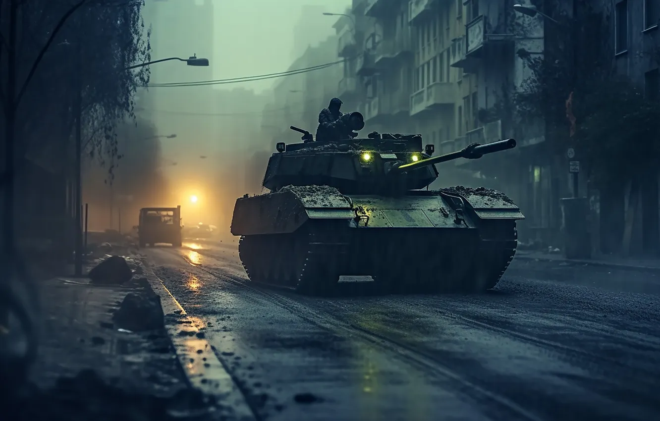 Photo wallpaper road, lights, home, the evening, tank, digital art, AI art, The Art of Artificial Intelligence