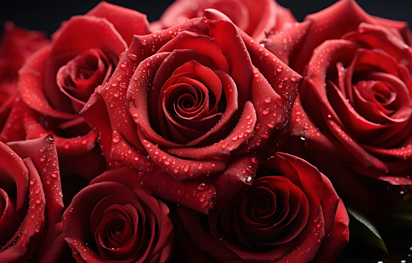 Photo wallpaper drops, flowers, red, roses, bouquet, AI art, neural network