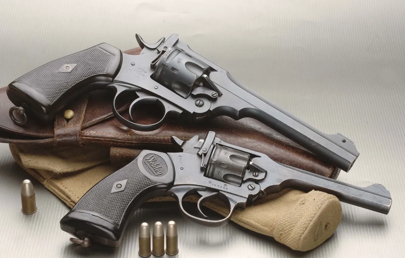Photo wallpaper cartridges, revolver, holster, 2 pieces, Revolver, Webley &ampamp; Scott Mark IV