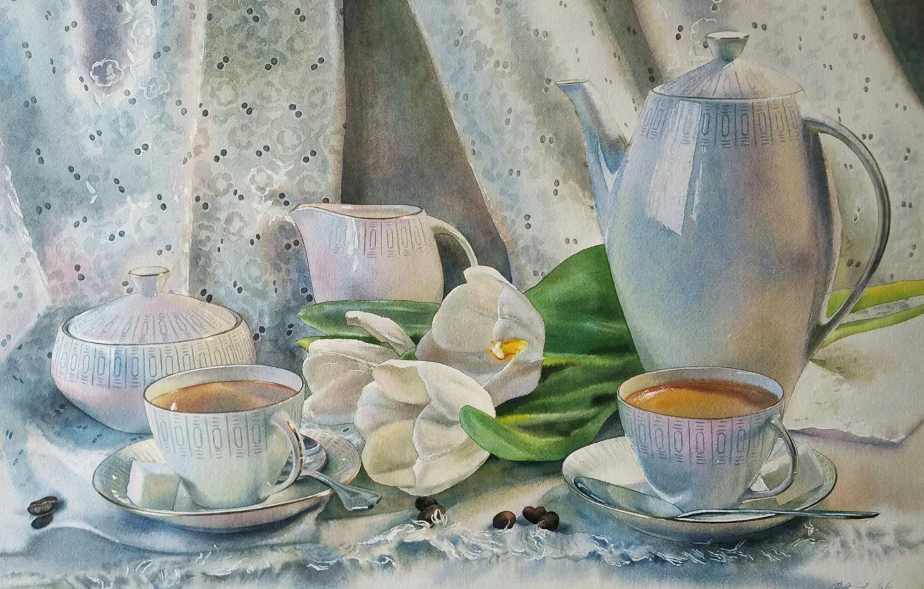 Photo wallpaper watercolor, still life, painting, "Still life with tulips", gentle paint, the artist Lyubov Titova
