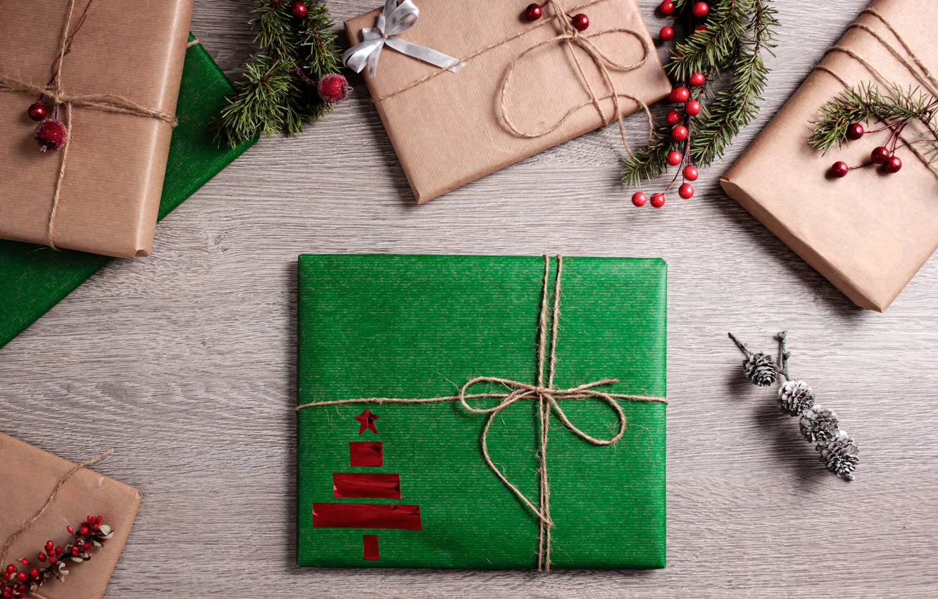 Photo wallpaper winter, holiday, Christmas, gifts, New year, needles, box, Christmas decorations