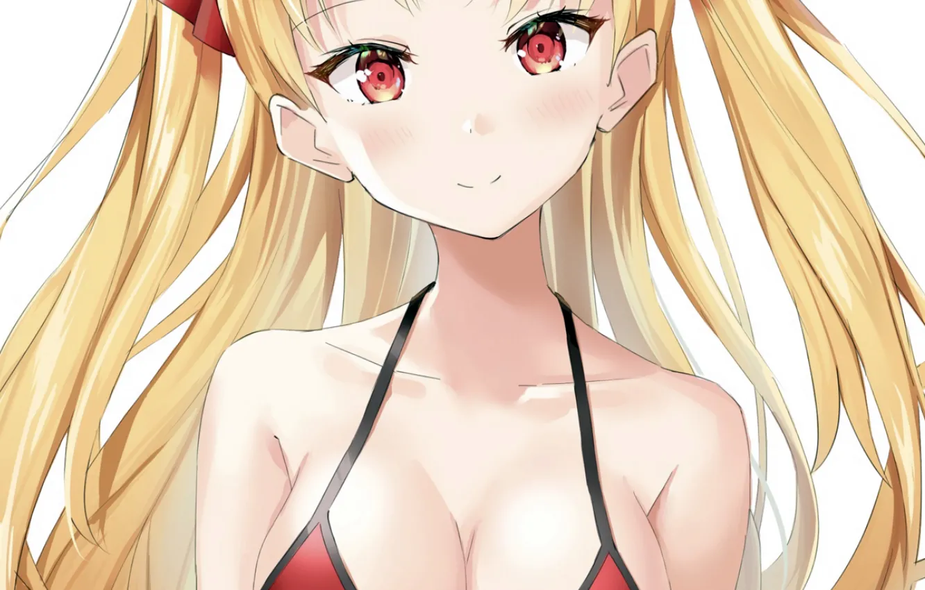 Photo wallpaper girl, sexy, cleavage, long hair, boobs, anime, beautiful, red eyes
