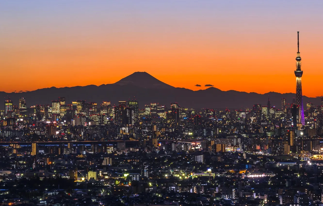 Photo wallpaper night, lights, tower, mountain, Japan, panorama, Fuji, Ichikawa