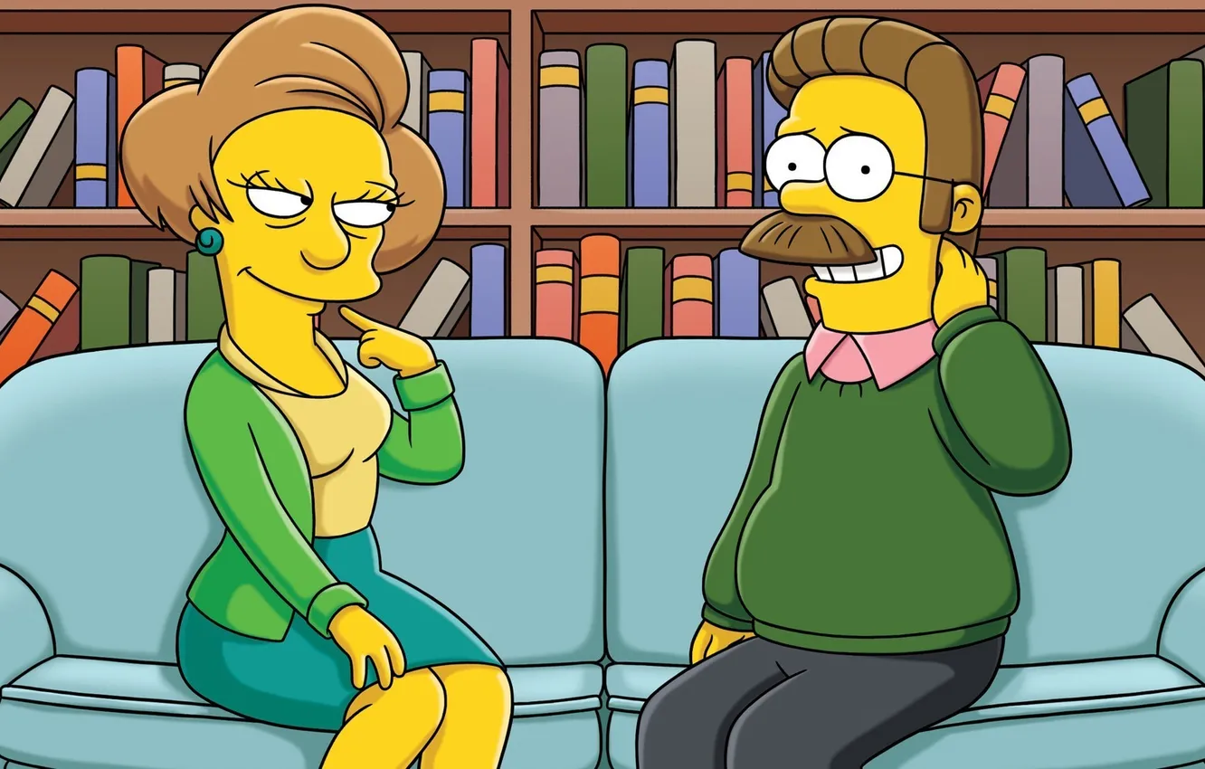 Photo wallpaper cartoon, The simpsons, frame, The Simpsons, flirting, Edna Krabappel, Ned Flanders