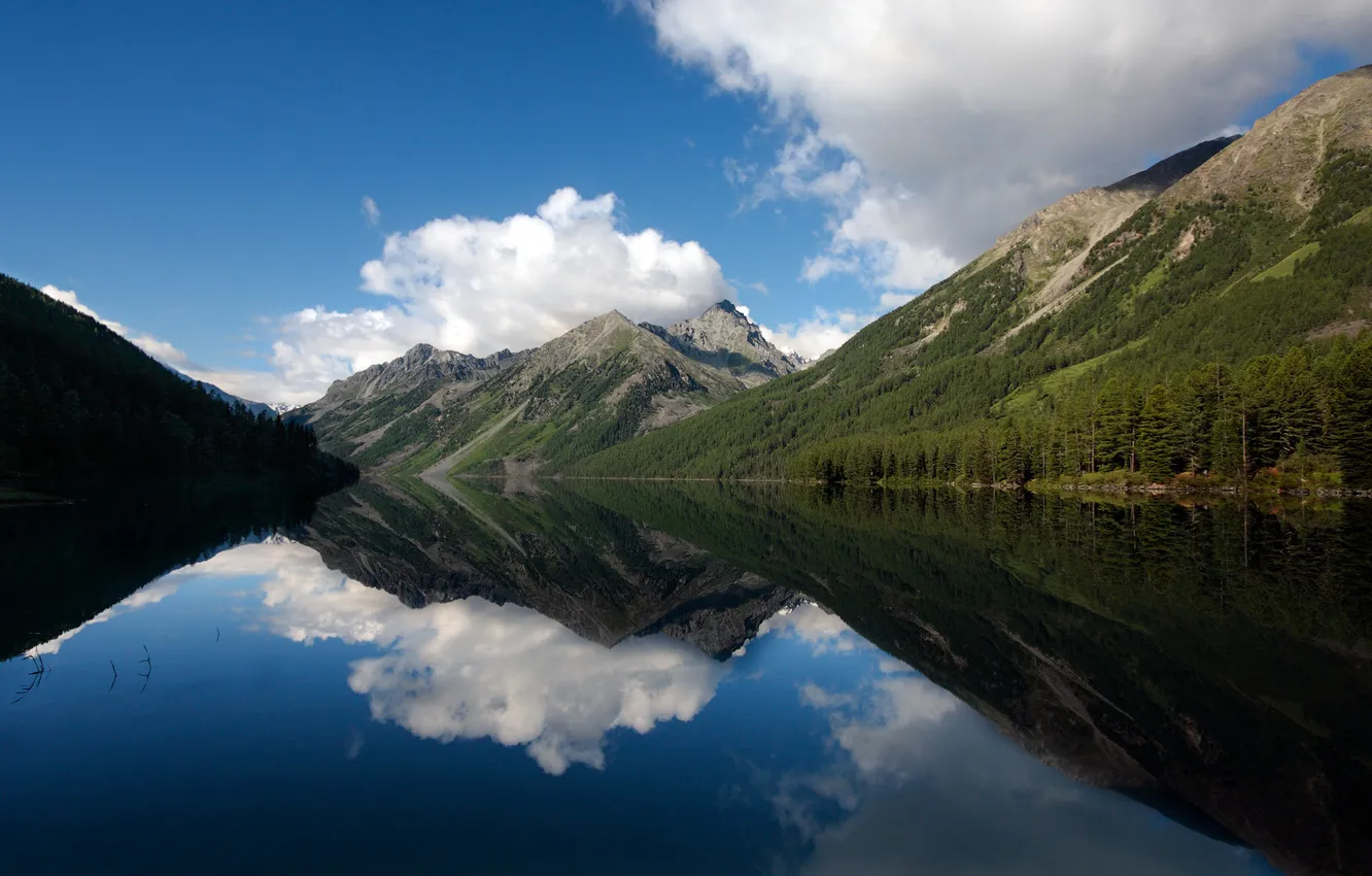 Photo wallpaper lake, hills, valley