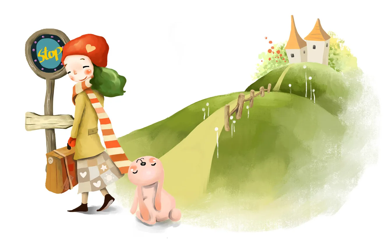 Photo wallpaper girl, flowers, smile, hills, figure, fence, track, blush