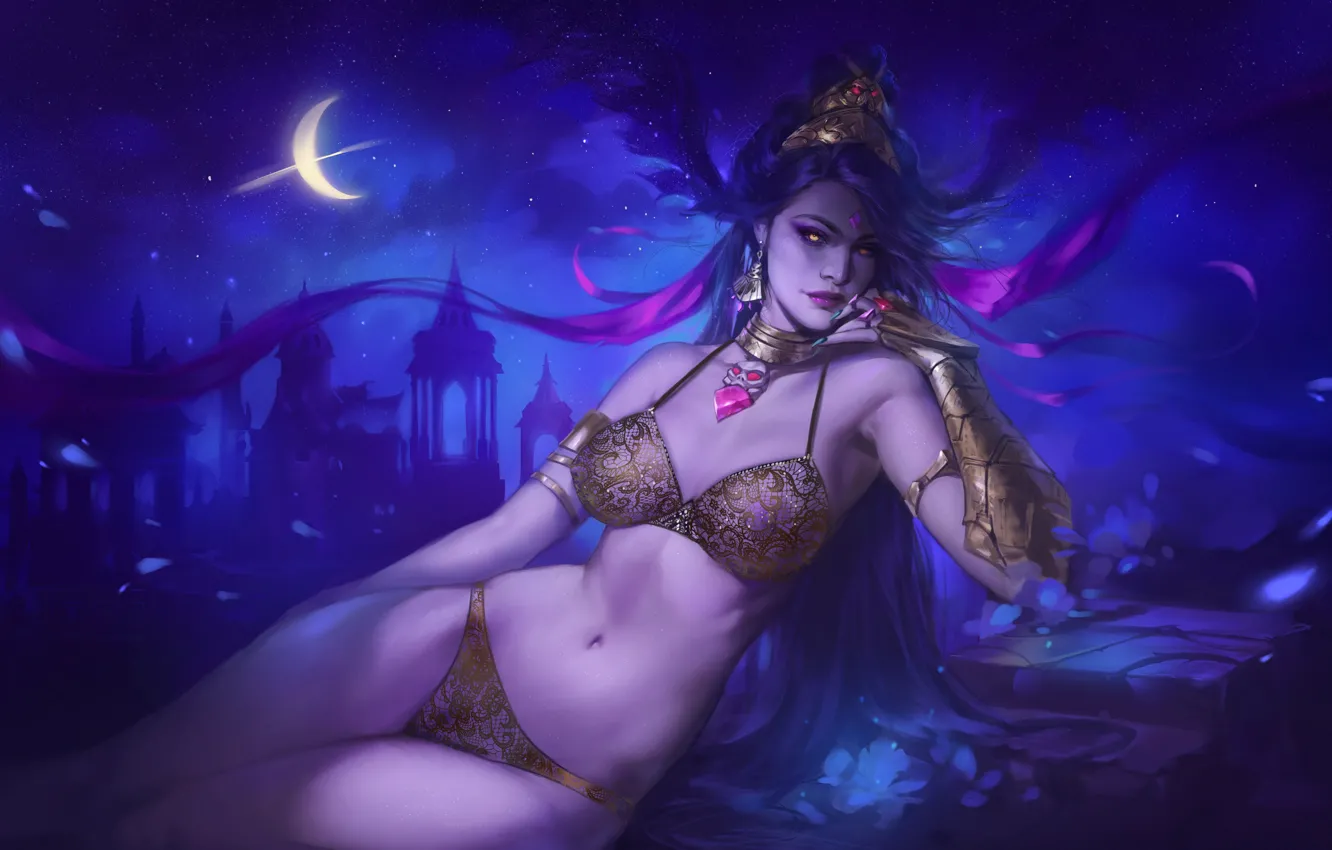 Photo wallpaper girl, night, the moon, a month, game, nyx, Hades, SuperGiant Games