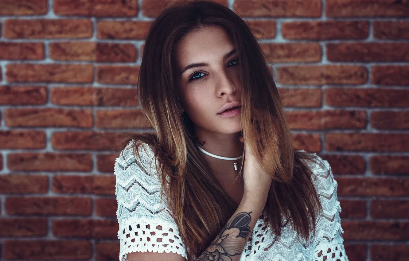Photo wallpaper girl, background, wall, portrait, brick, makeup, tattoo, hairstyle