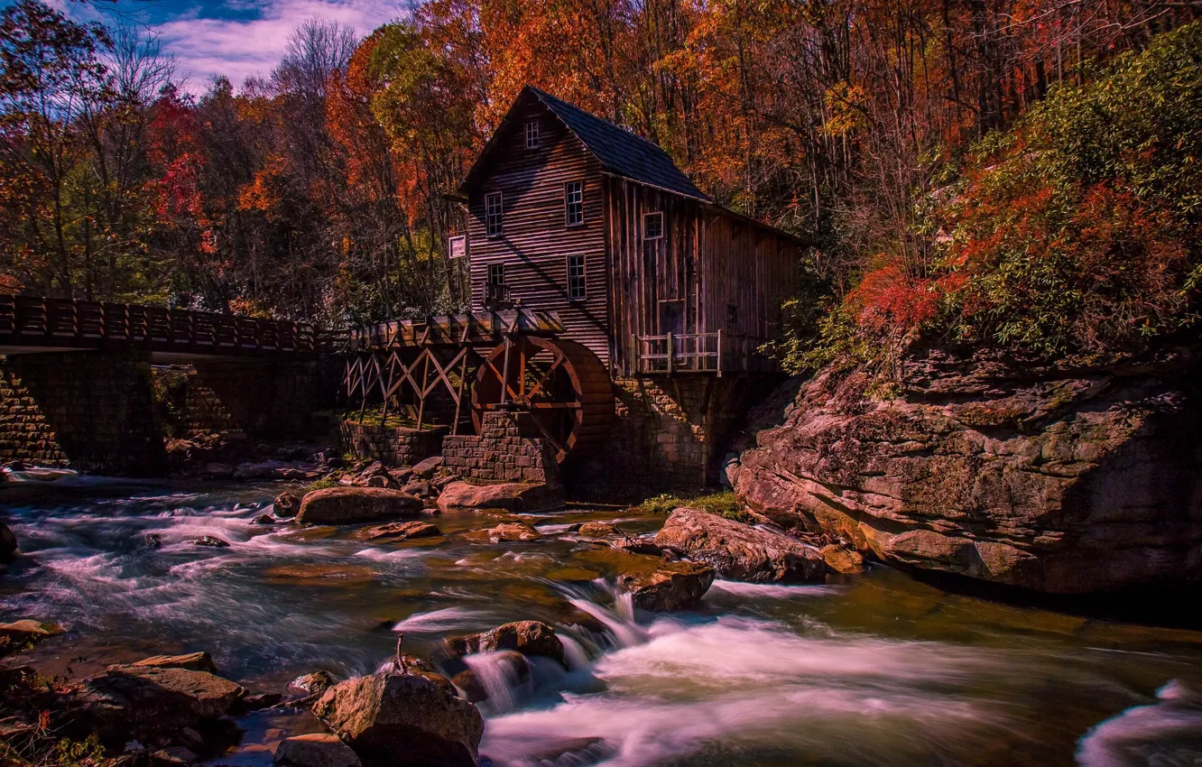 Photo wallpaper bridge, river, house, a water mill