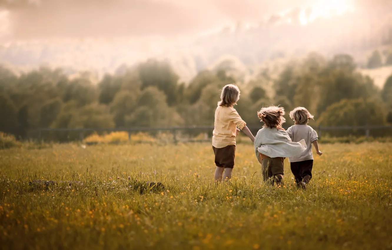 Photo wallpaper field, summer, clouds, nature, children, childhood, mood, boy