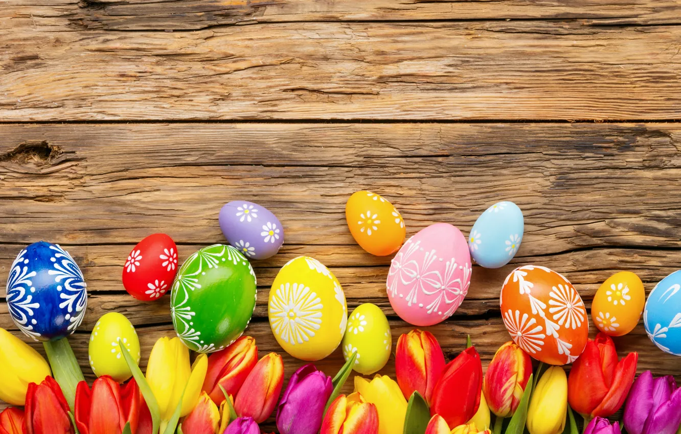Photo wallpaper flowers, eggs, spring, Easter, tulips, flowers, tulips, spring