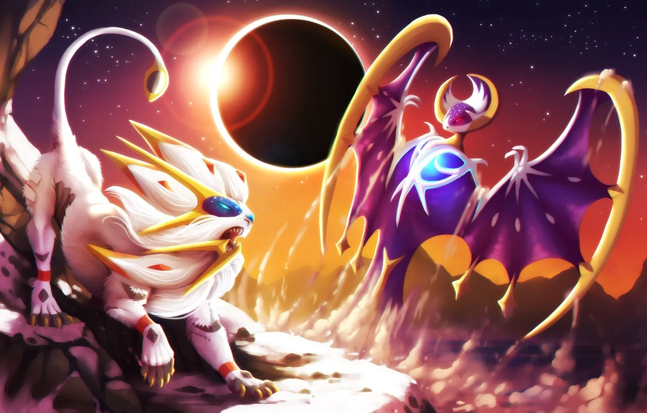 Photo wallpaper moon, game, wings, lion, dust, fight, Pokemon, Pokémon Sun & Moon