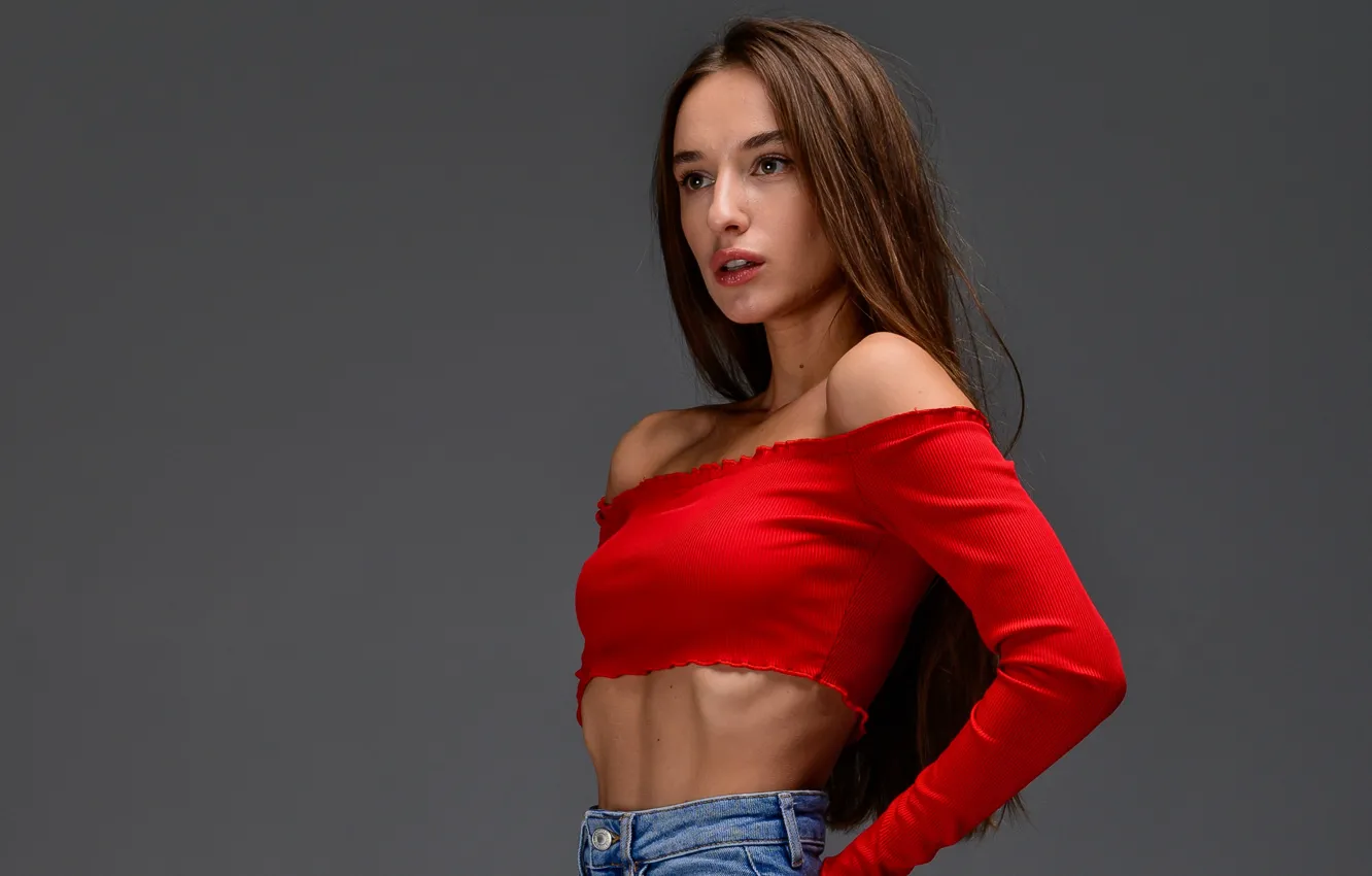 Photo wallpaper red, shorts, brown, model, smooth, lips, jeans, hair