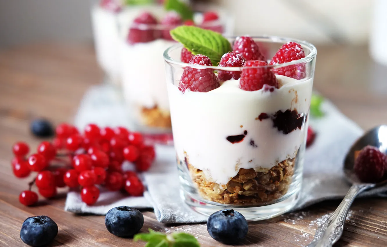 Photo wallpaper berries, raspberry, mint, blueberries, yogurt, granola