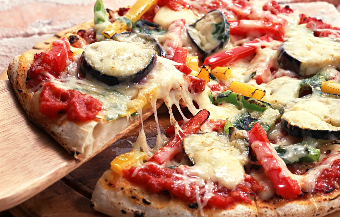 Photo wallpaper greens, cheese, bow, eggplant, pizza, tomato, bell pepper, cheese