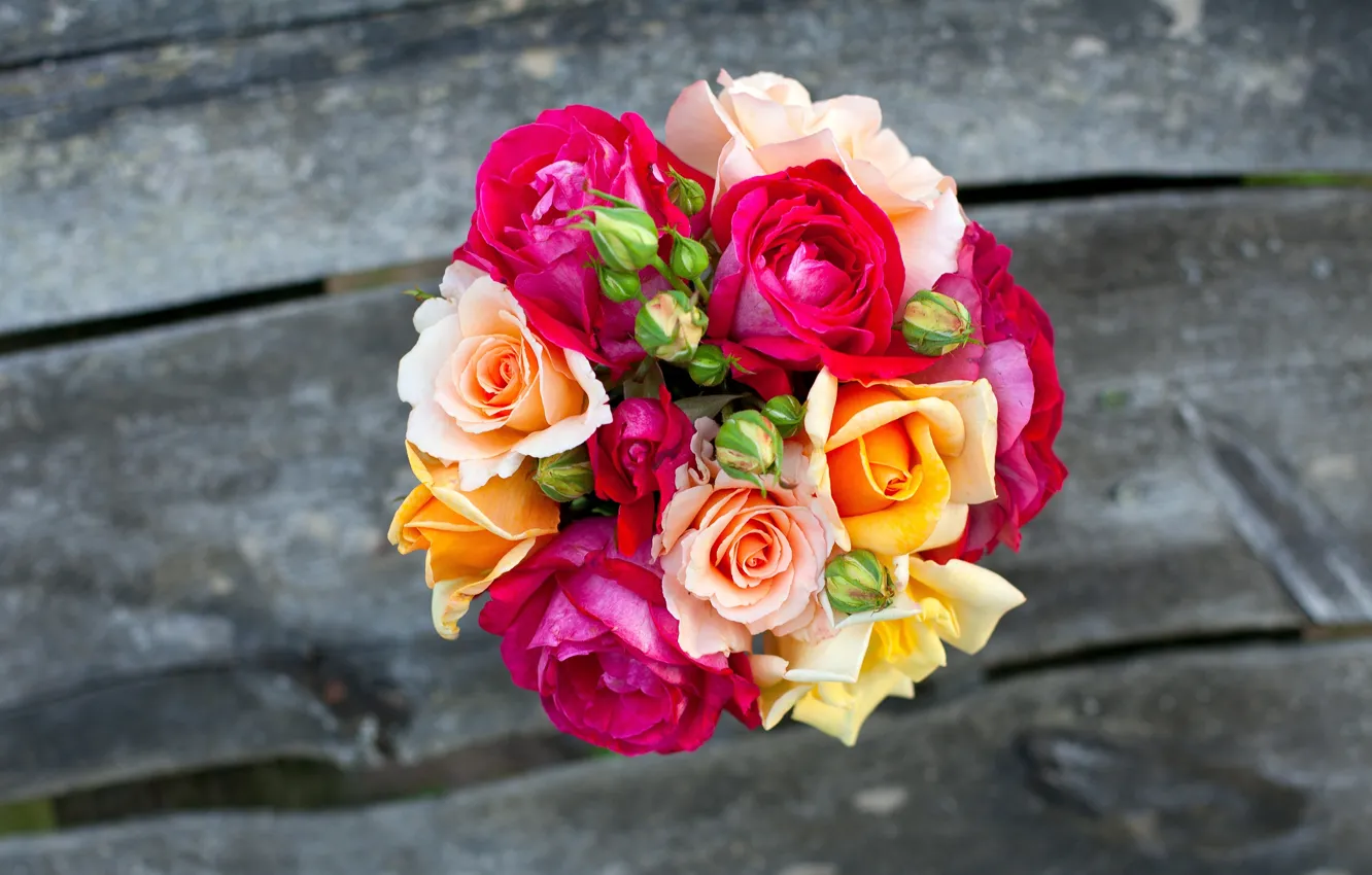 Photo wallpaper flowers, Board, roses, bouquet, yellow, pink