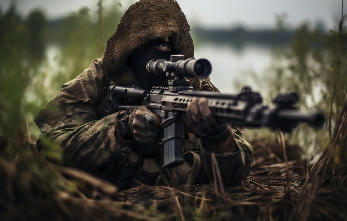 Photo wallpaper soldiers, sniper, camouflage, sniper rifle, digital art, AI art, The Art of Artificial Intelligence, neural …