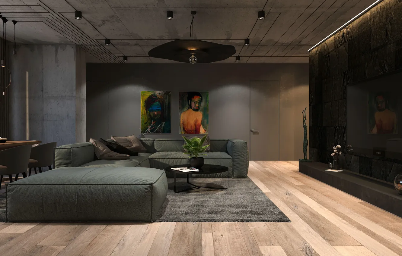 Photo wallpaper style, living room, design, dark color in the interior, sofa, picture