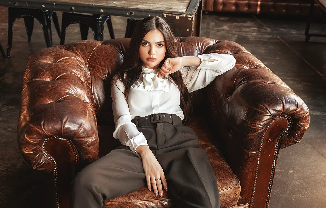 Photo wallpaper look, girl, pose, chair, blouse, pants, Vlad Popov, Sonia Biletsky