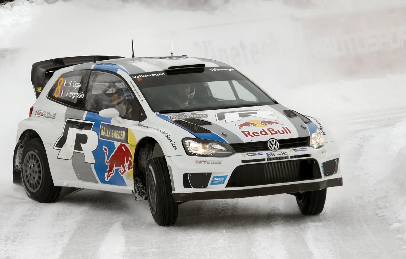 Photo wallpaper Winter, Volkswagen, Machine, Turn, WRC, Rally, Polo, S. Ogier