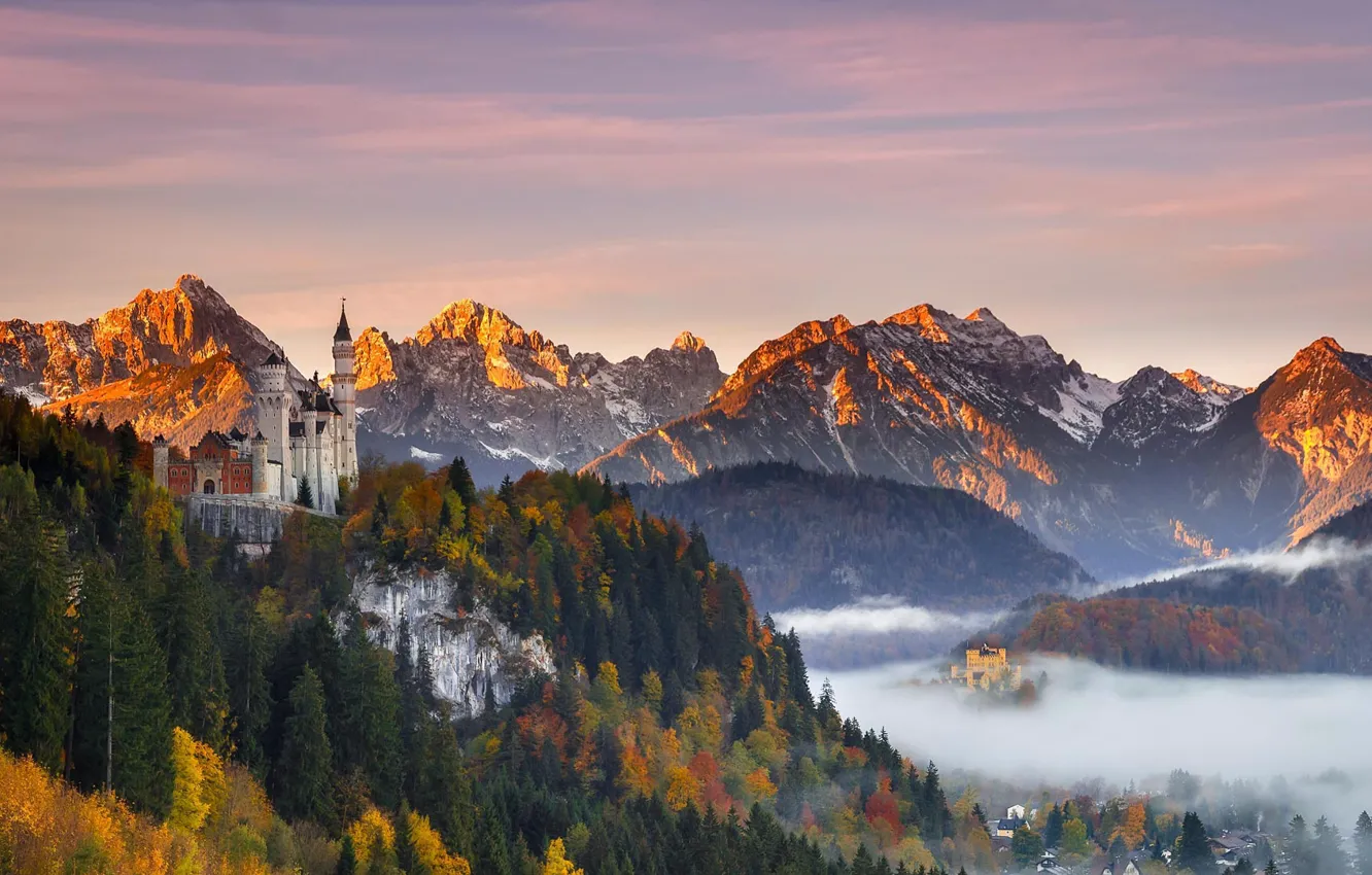 Photo wallpaper autumn, trees, mountains, castle, Germany, Bayern, Neuschwanstein