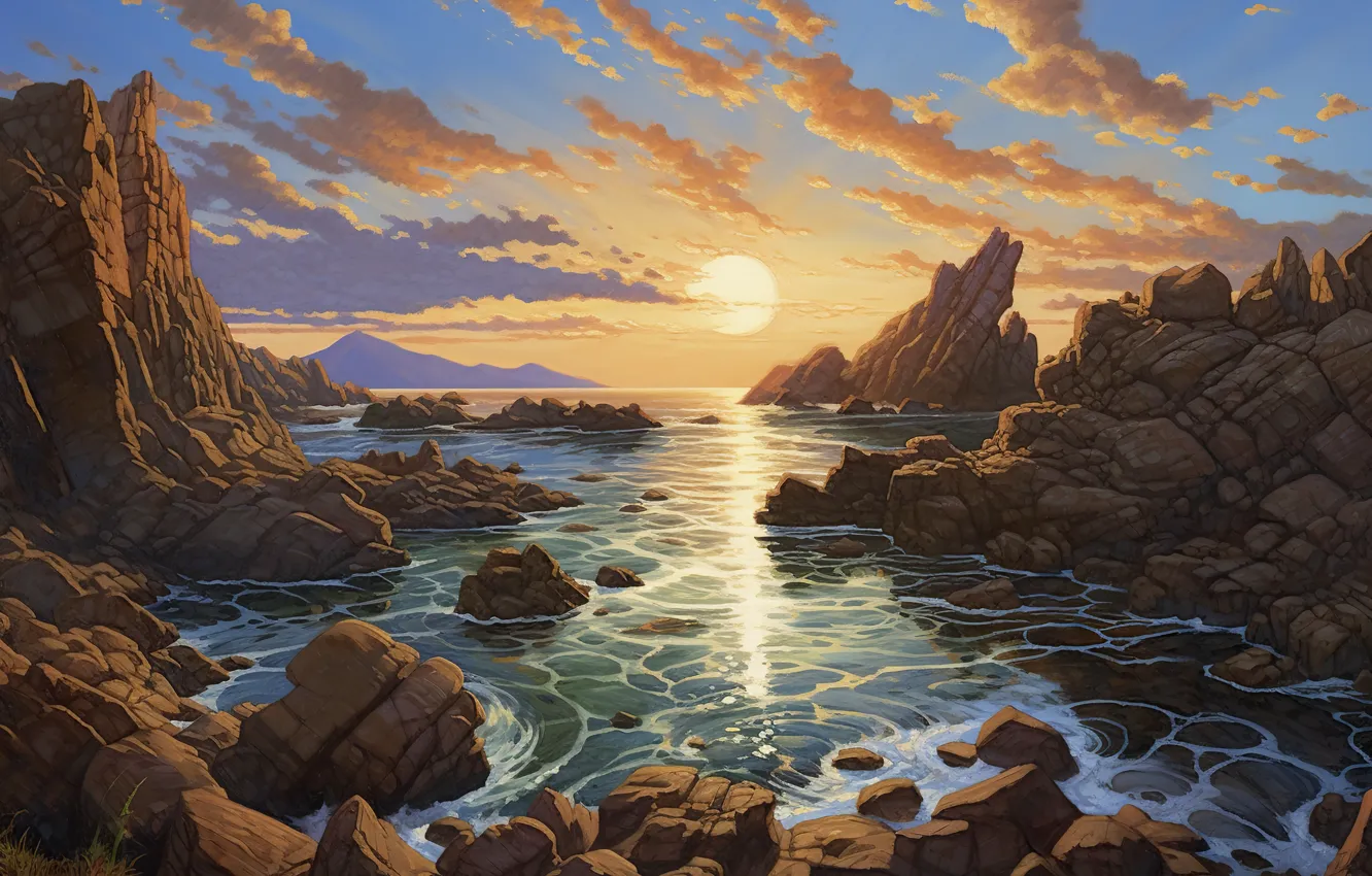 Photo wallpaper sea, the sky, the sun, clouds, landscape, sunset, nature, stones