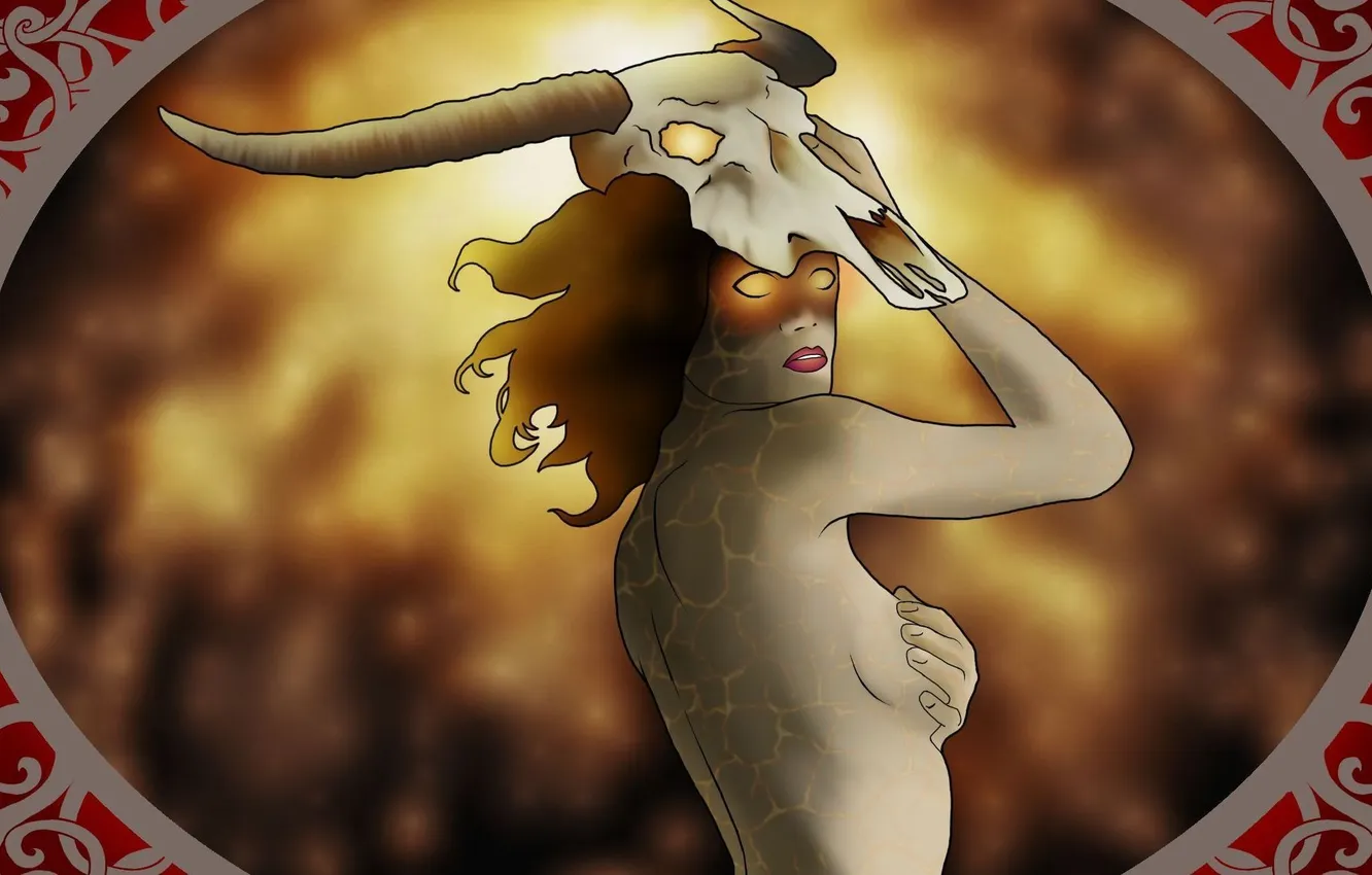 Photo wallpaper look, girl, lights, pattern, hair, back, skull, hands