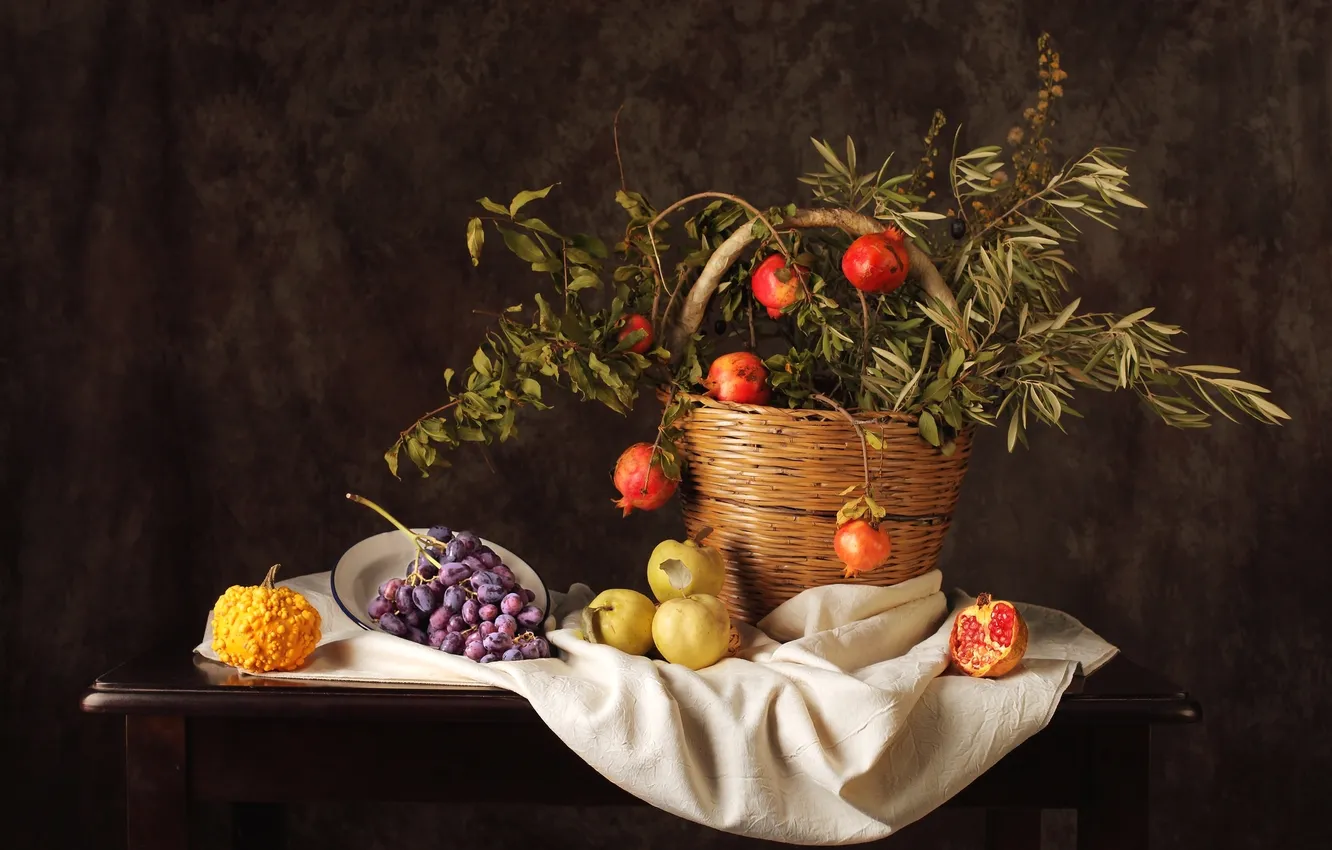 Photo wallpaper apples, grapes, pumpkin, still life, garnet