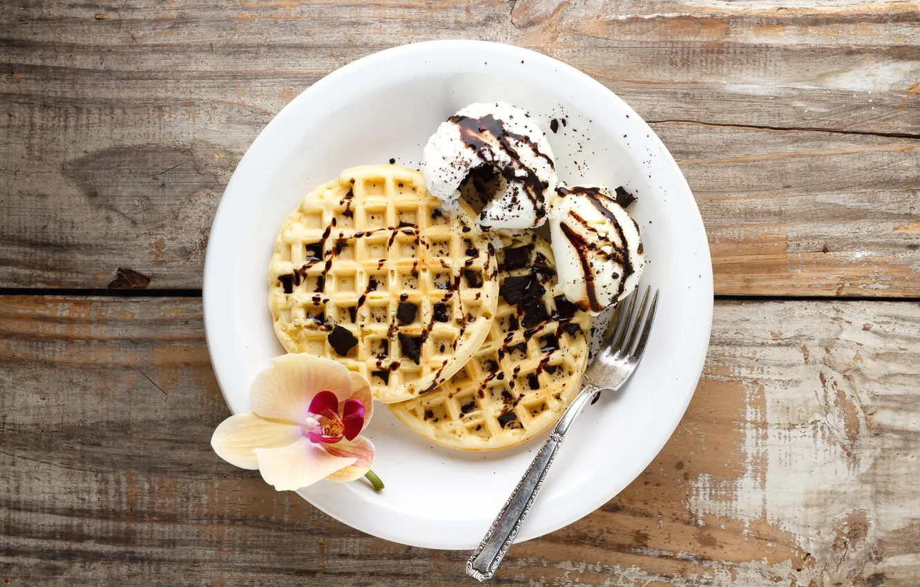 Photo wallpaper chocolate, ice cream, dessert, Orchid, waffles