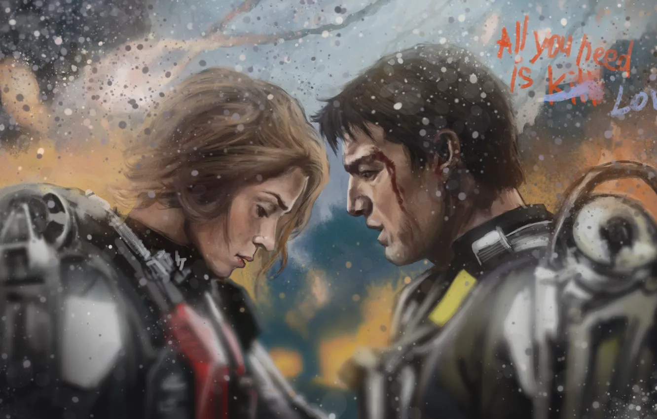 Photo wallpaper art, Emily Blunt, Tom Cruise, Edge of Tomorrow, Edge of tomorrow, Rita Vrataski, William Cage
