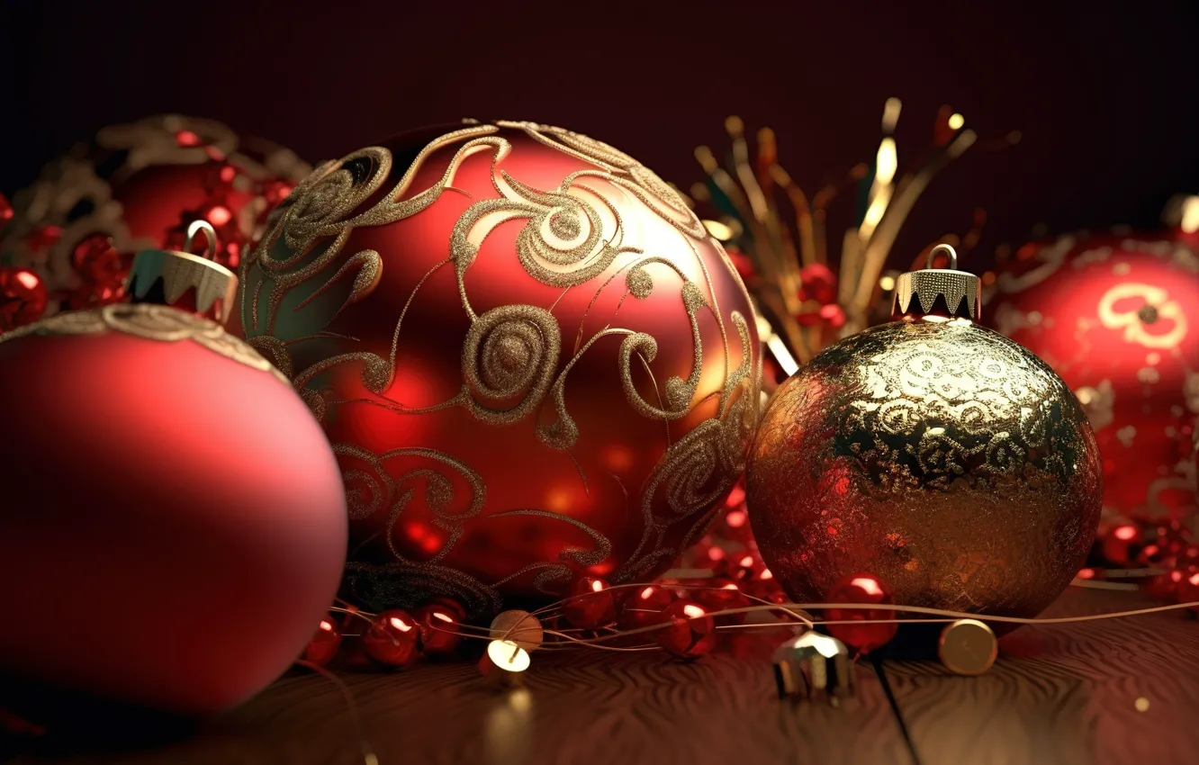 Photo wallpaper background, balls, new year, Christmas, red, Christmas, balls, background