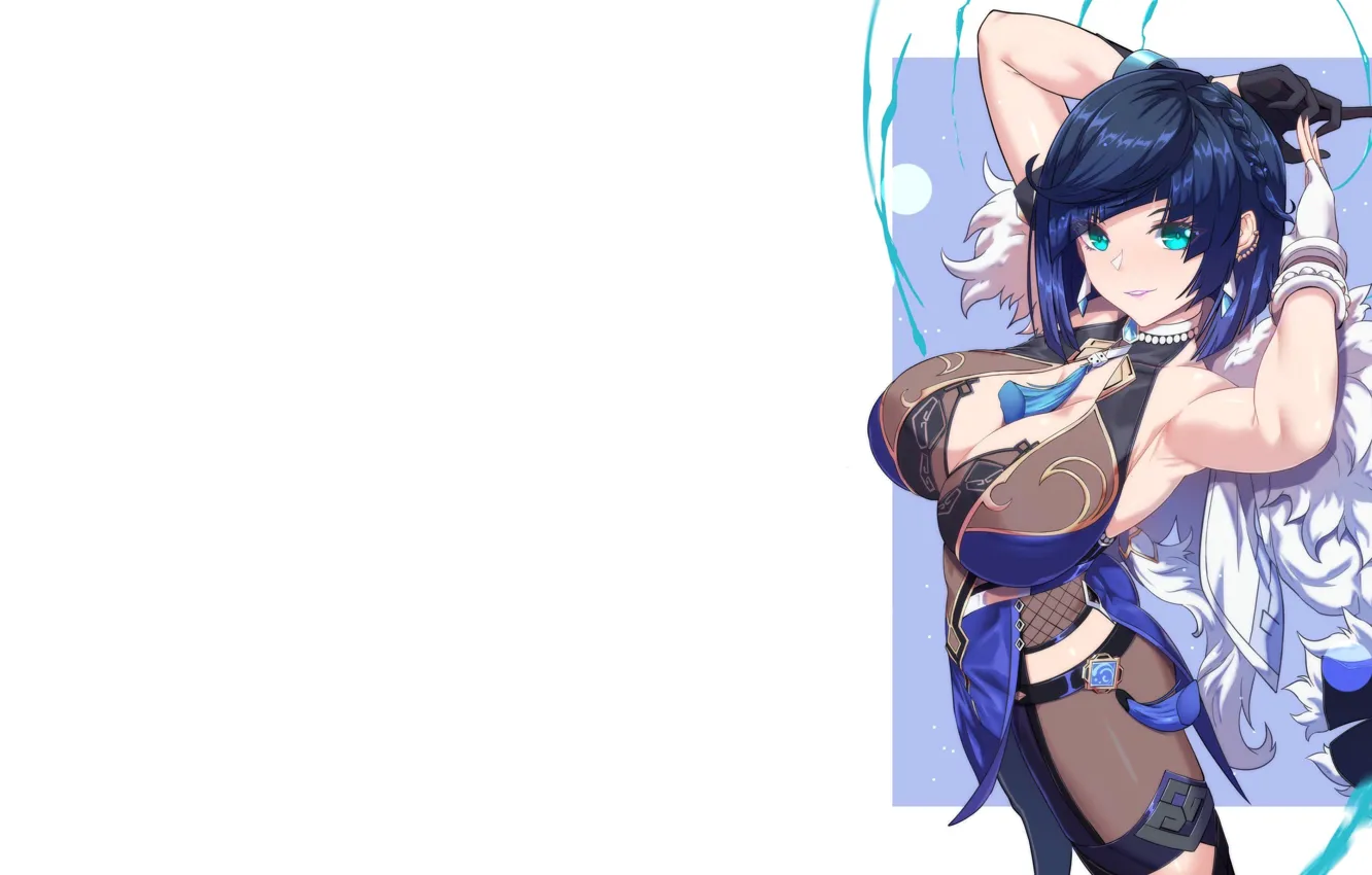 Photo wallpaper sexy, blue, anime, short hair, pretty, tights, anime girl, Genshin Impact