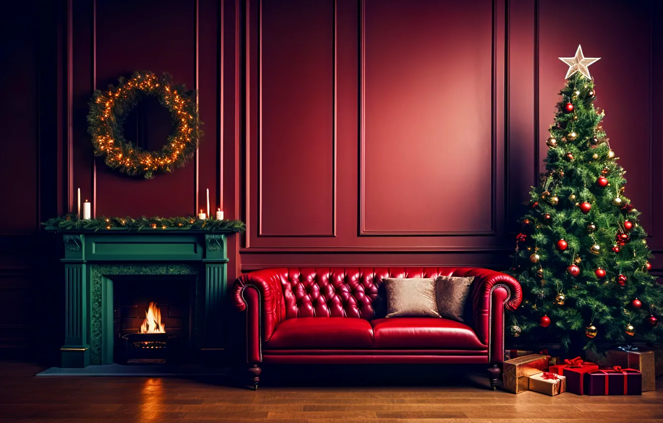 Photo wallpaper decoration, room, sofa, balls, tree, new year, home, interior