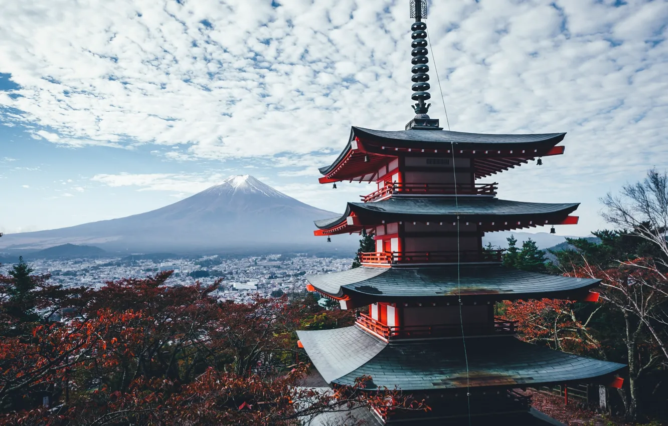 Photo wallpaper autumn, the sky, clouds, house, mountain, Japan