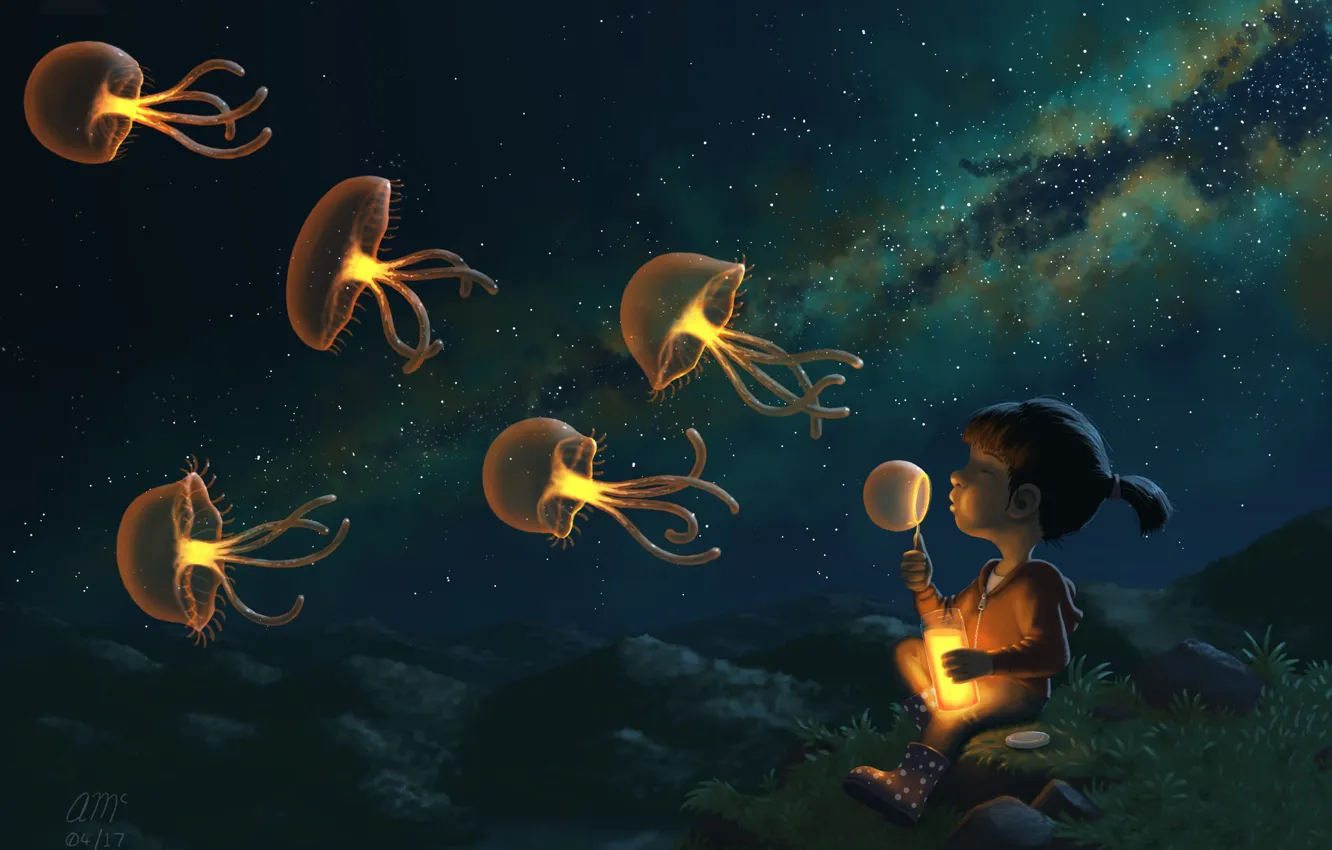 Photo wallpaper stars, night, children, jellyfish, Jellies