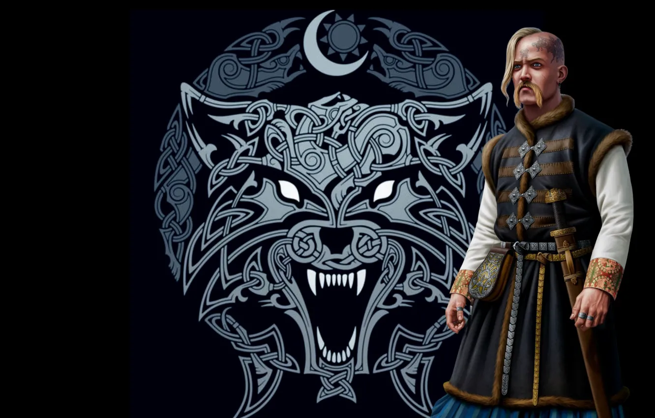 Photo wallpaper pattern, sword, warrior, tattoo, Joan Francesc Oliveras Pallerols, Forelock, Prince Svyatoslav