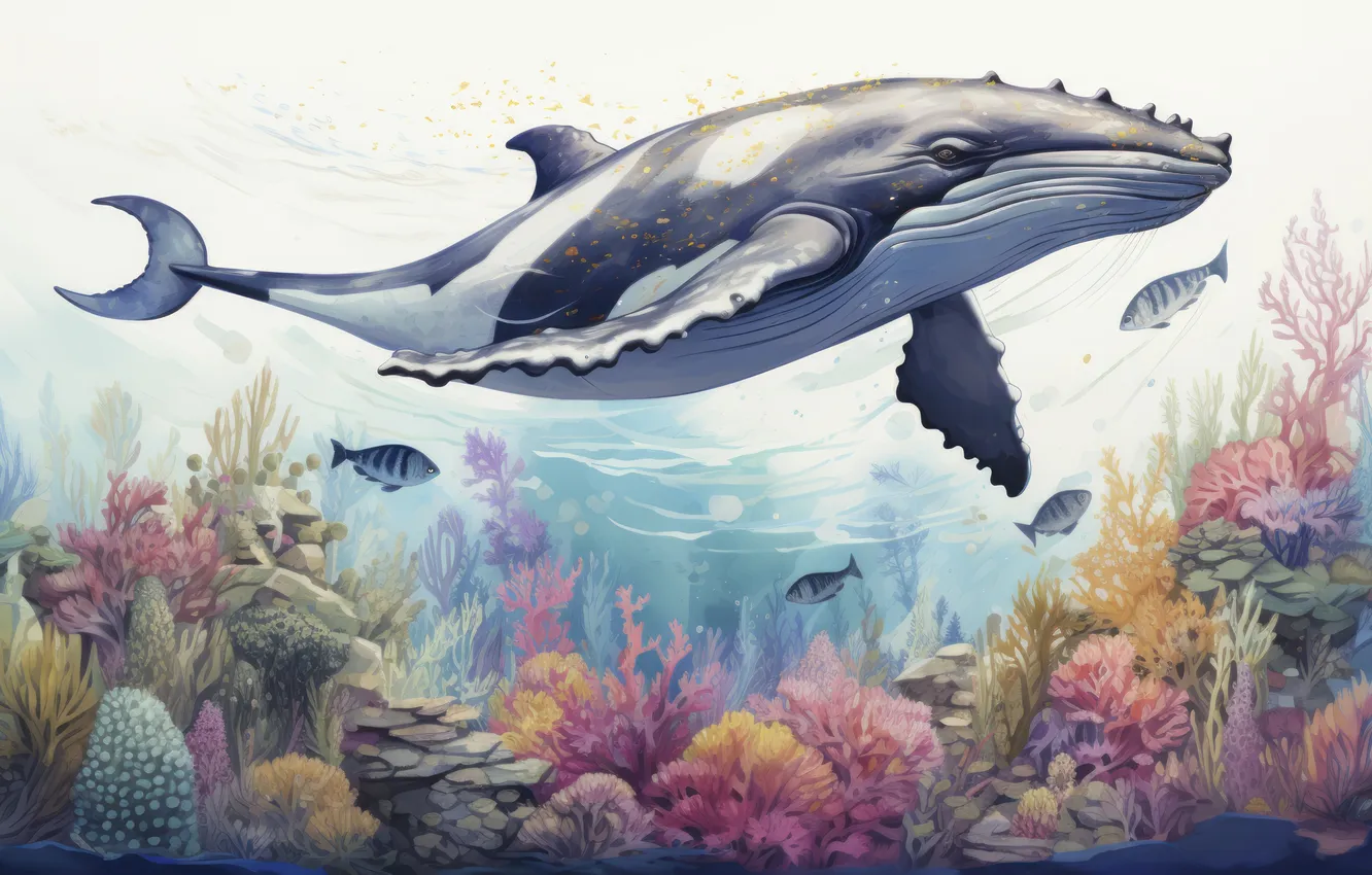 Photo wallpaper fish, corals, kit, underwater world, digital art, imitation painting, AI art, The Art of Artificial …