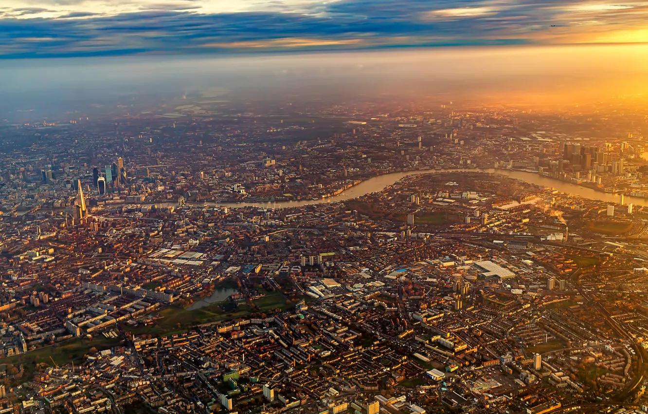 Photo wallpaper City, Flight, Sky, Sunrise, London, Airplane, Flying, England