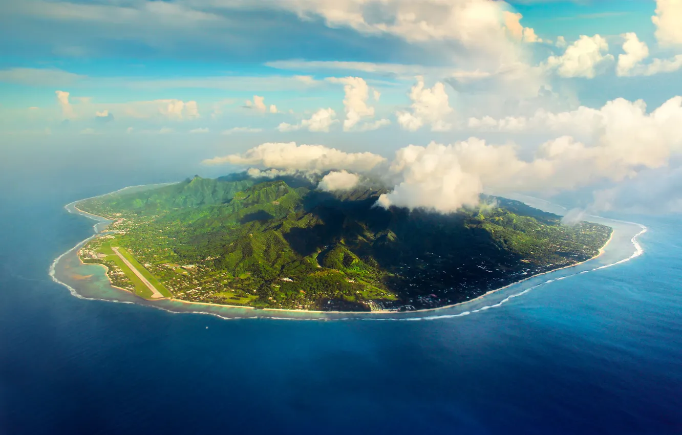 Photo wallpaper the sky, clouds, landscape, mountains, nature, the ocean, Cook Islands, horizon