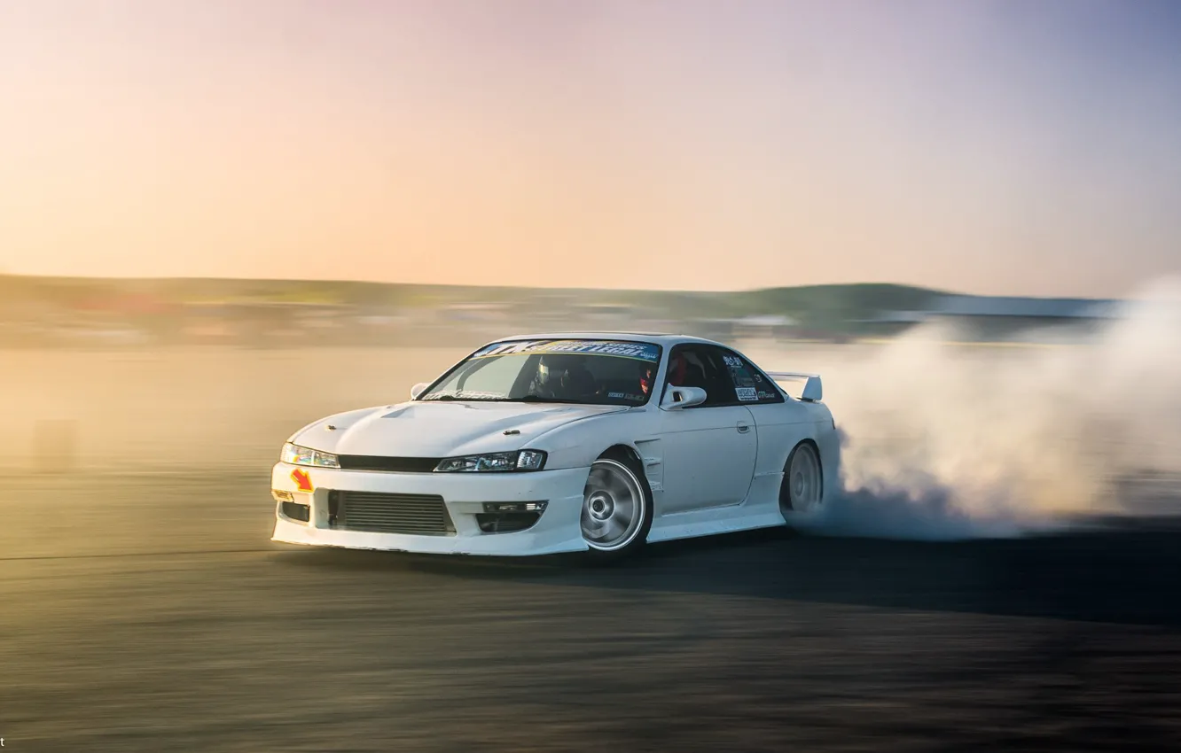 Photo wallpaper nissan, turbo, white, drift, japan, smoke, jdm, tuning