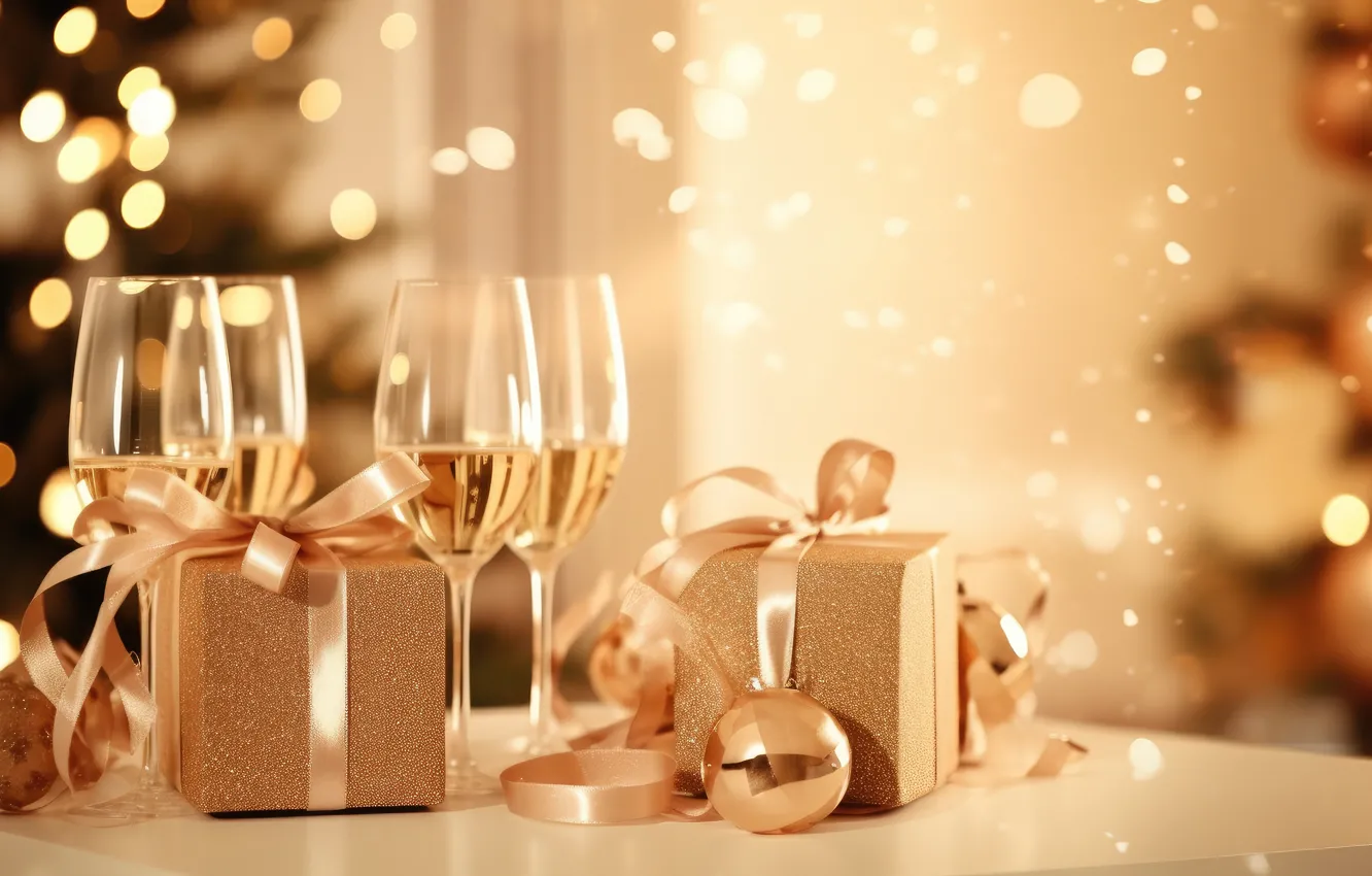 Photo wallpaper gift, wine, glass, new year, sequins, Christmas, alcohol, gold plated