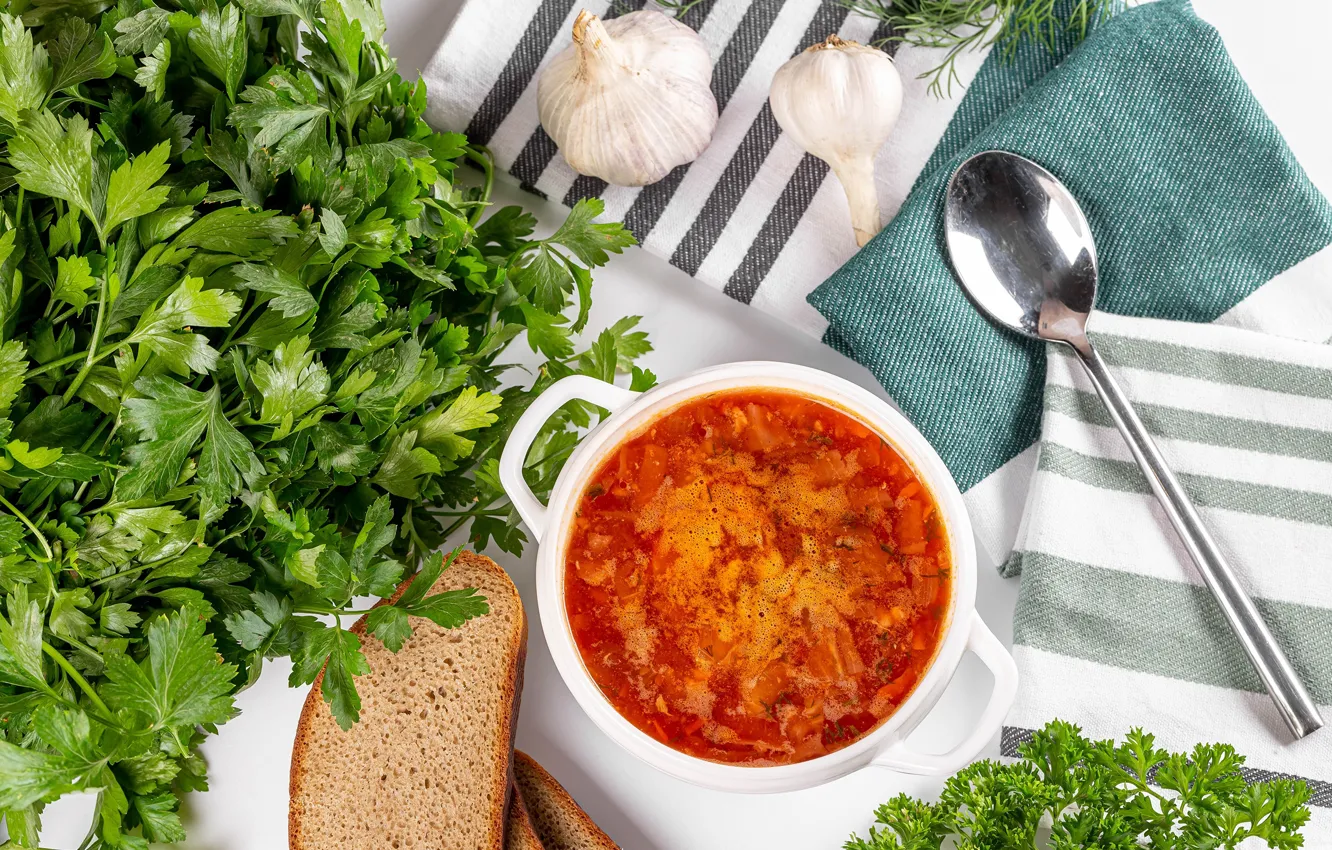 Photo wallpaper greens, bread, spoon, soup