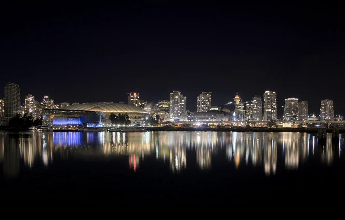 Photo wallpaper water, light, night, lights, reflection, home, Vancouver