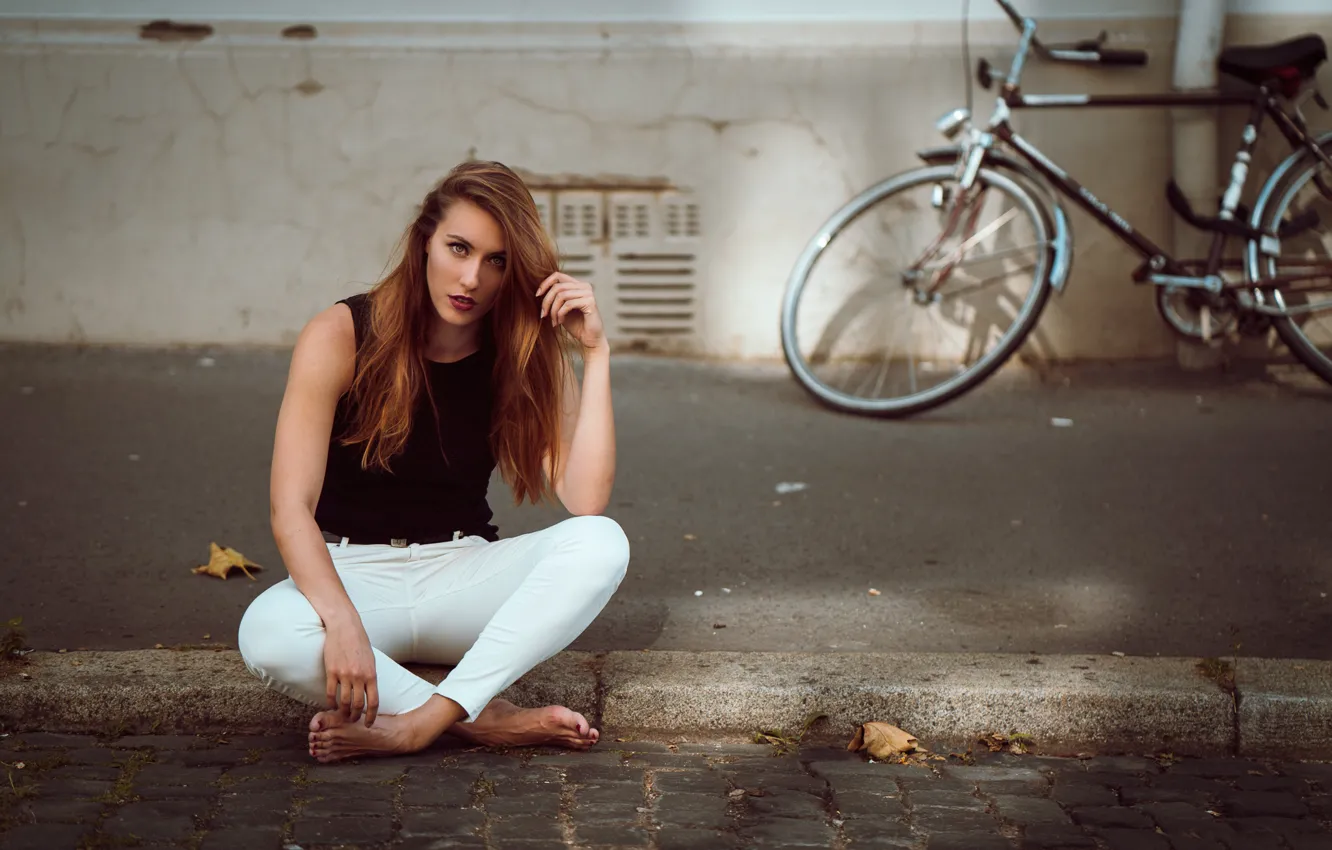 Photo wallpaper bike, pose, red, redhead, Viktoria Patrizia Sturm, Andreas-Joachim Lins