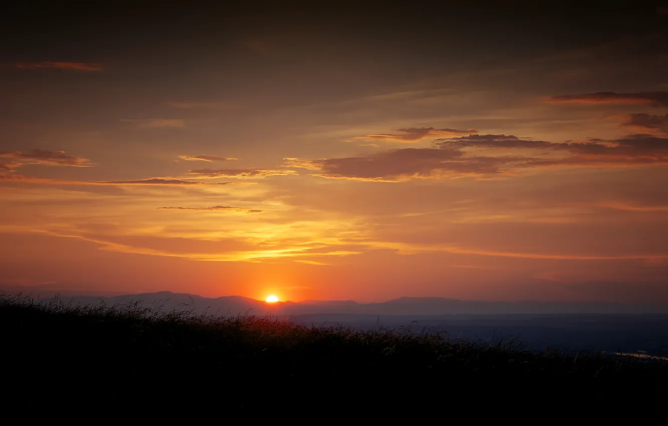Photo wallpaper grass, clouds, sunset, mountains, river, silhouette, orange sky