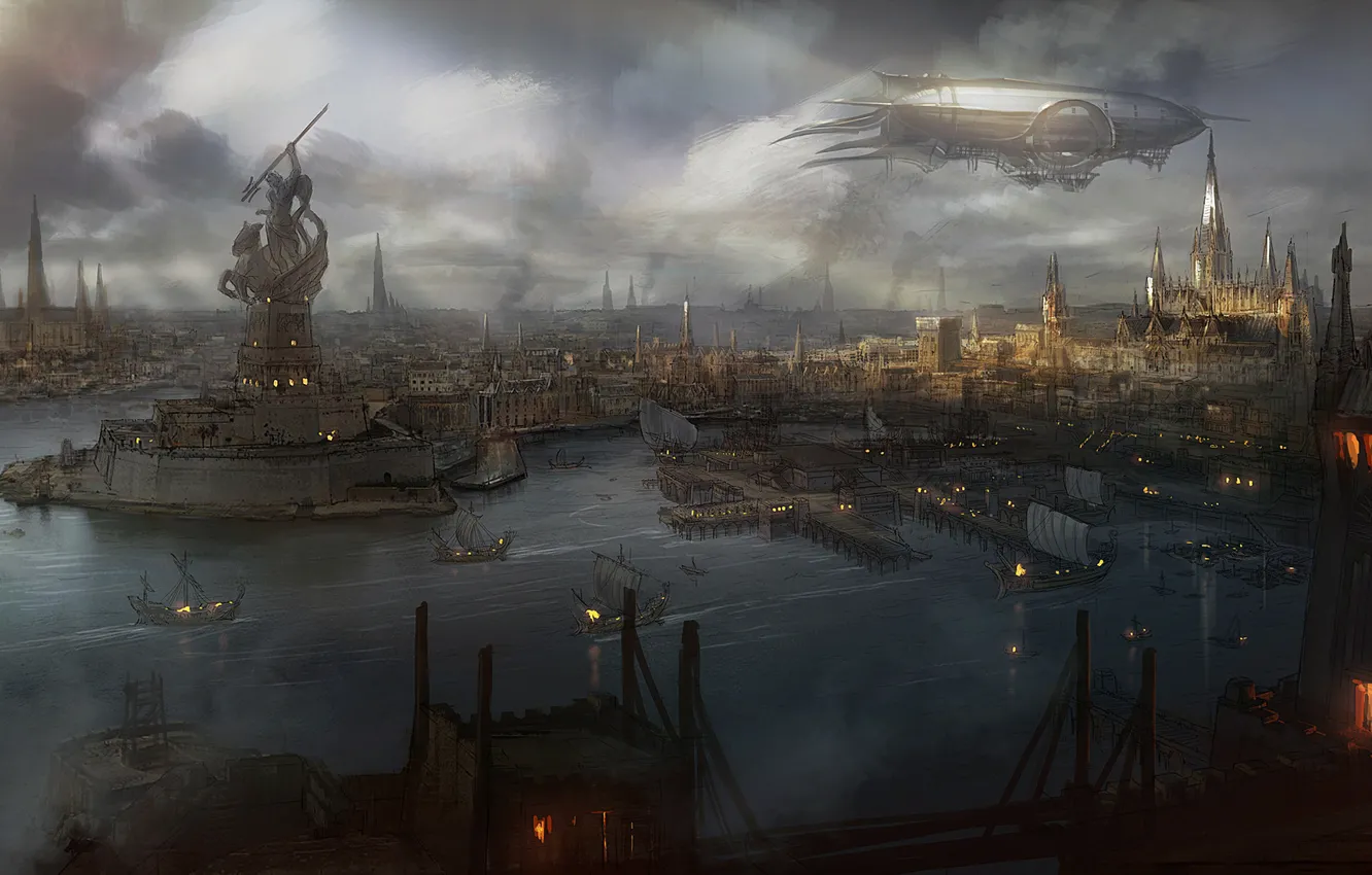 Photo wallpaper water, the city, smoke, view, ships, art, the airship, statue
